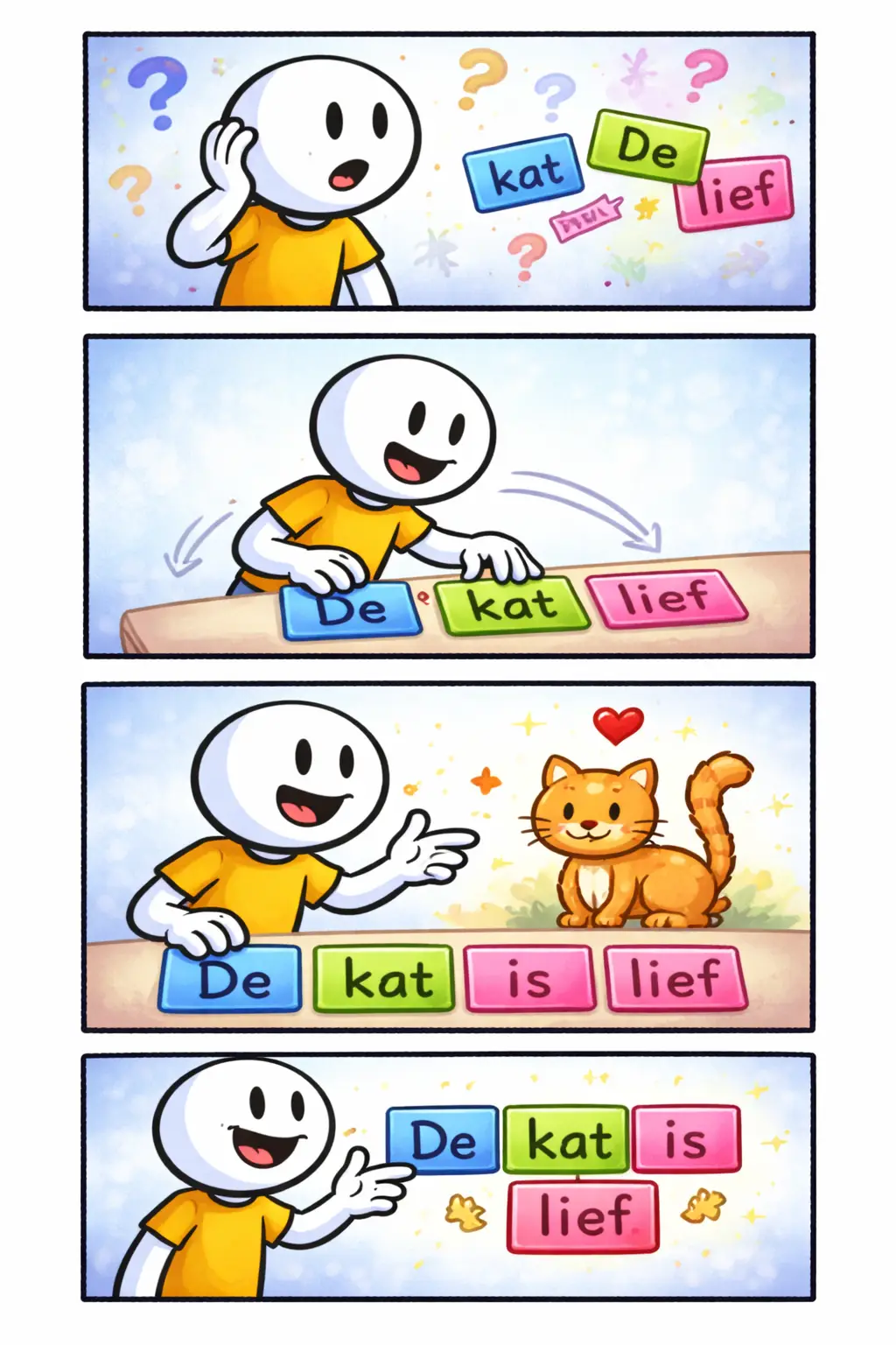 Stripafbeelding met drie panelen van een stickman in Toonwords-stijl die zinsbouw laat zien door woorden in de juiste volgorde te plaatsen.