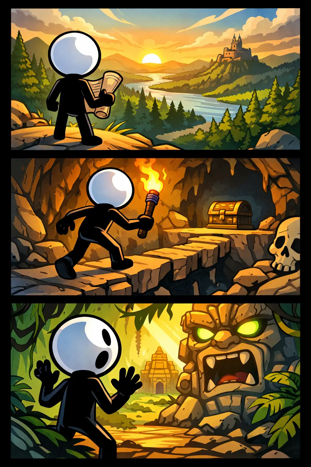 “Toonwords-strip van een zoektocht met een stickman die in drie panelen speurend rondkijkt.”