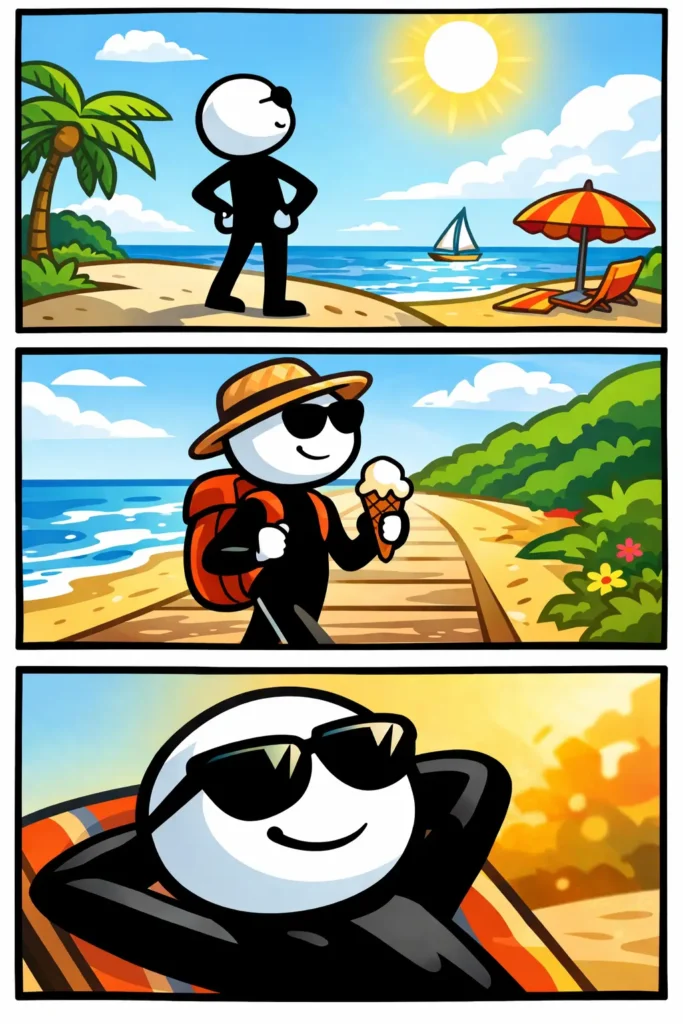 Toonwords-stripafbeelding van Zomervakantie met een stickman in drie panelen die zomerse ontspanning, onderweg zijn en tevreden rust uitbeelden.