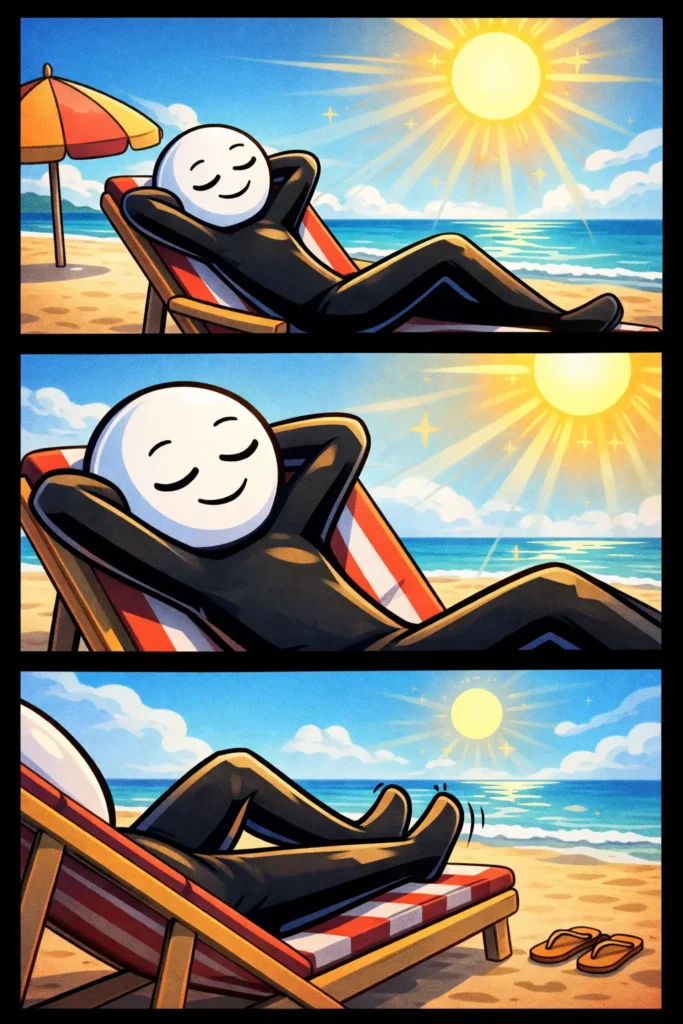 tickman die een zonnebad neemt op een strandstoel onder de zon, in drie verticale panelen in Toonwords-stijl, passend bij het Nederlandse woord “zonnebad”.