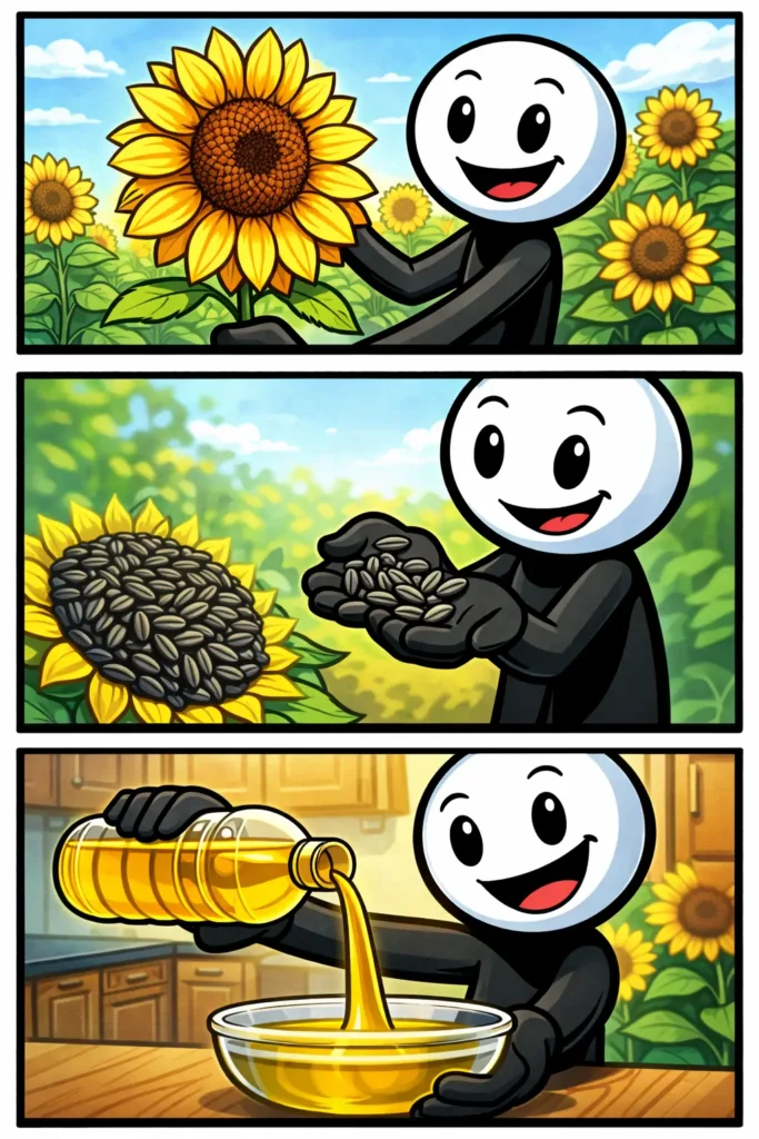 Stickman maakt zonnebloemolie in drie panelen voor het woord zonnebloemolie.
