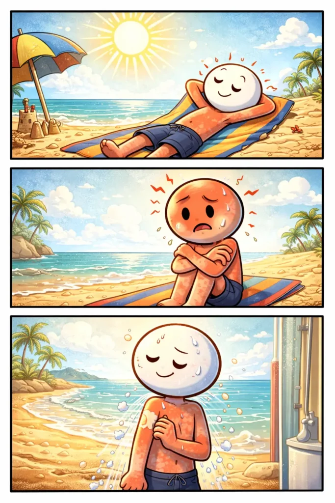 Toonwords-strip met een stickman die zonnebrand oploopt op het strand, passend bij het woord Zonnebrand.