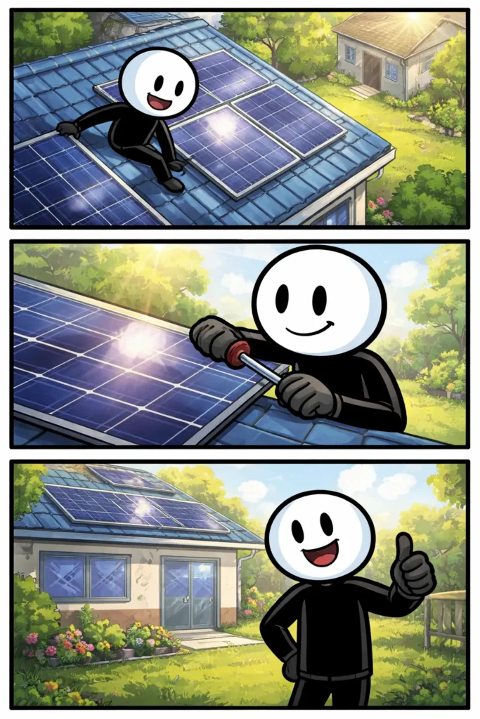 Stripafbeelding met drie panelen waarin een stickman bij zonnepanelen in verschillende cameraposities te zien is — Toonword Zonnepanelen.