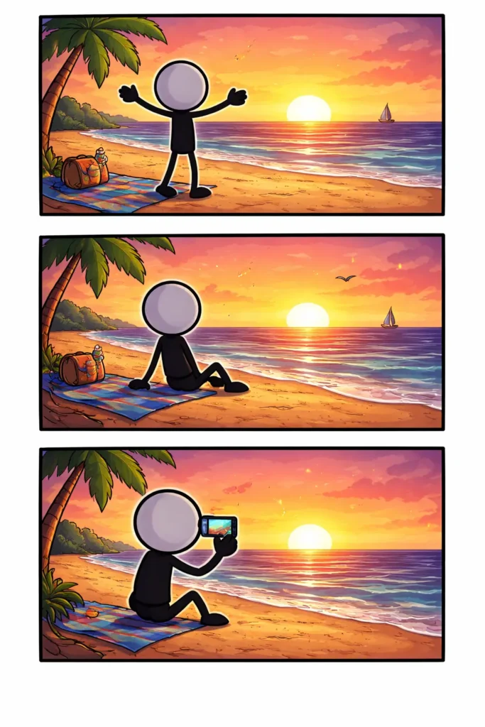 Toonwords-strip met een stickman die op het strand naar de zonsondergang kijkt boven zee.