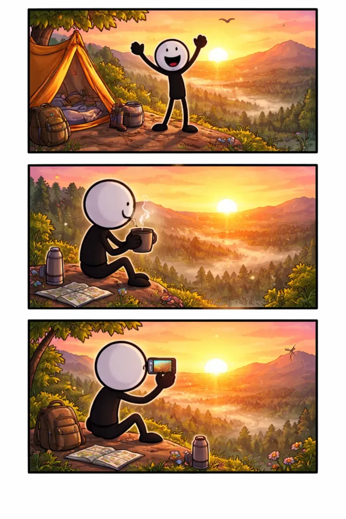 Toonwords-strip met een stickman die in de natuur naar de zonsopkomst kijkt.