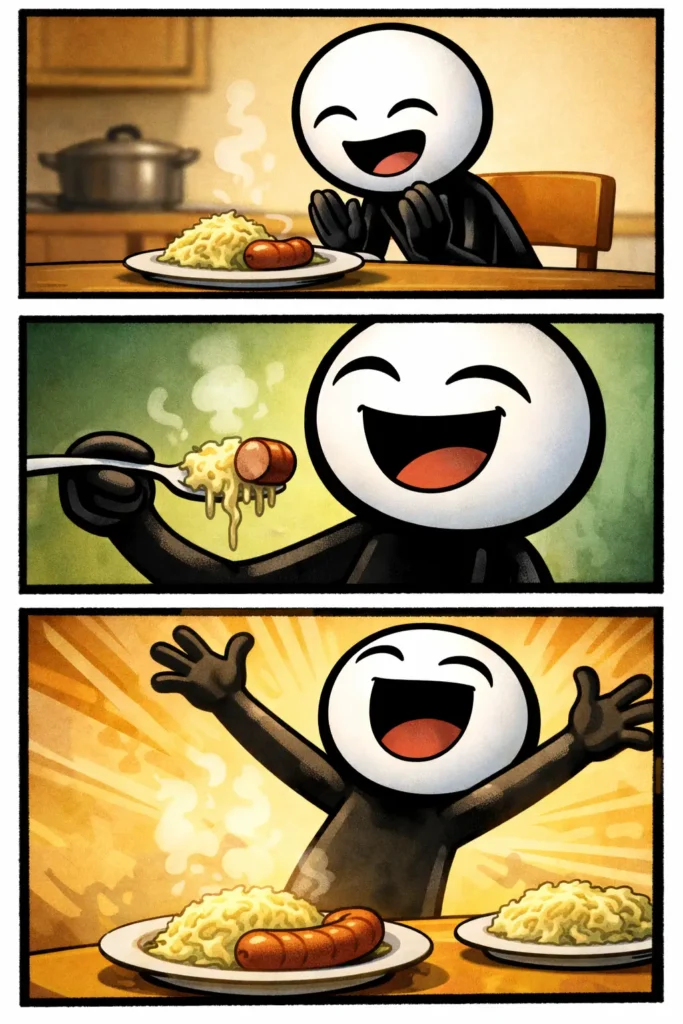 Stickman die geniet van een bord zuurkool met worst in Toonwords-stijl.