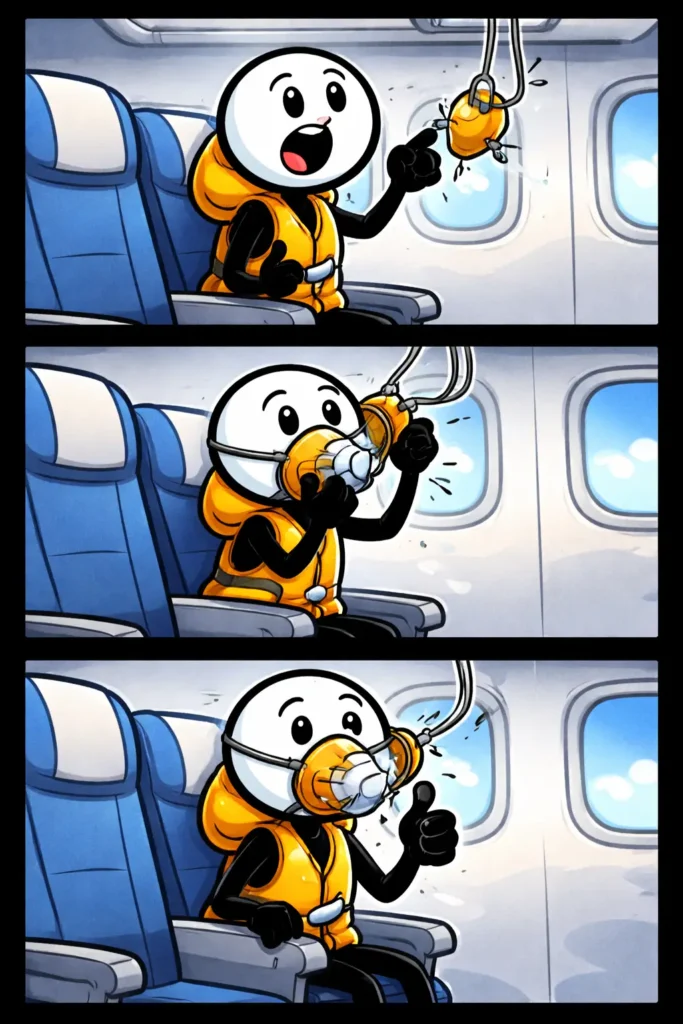 Toonwords-strip met een stickman en een zuurstofmasker in drie panelen, duidelijk gericht op het woord Zuurstofmasker.