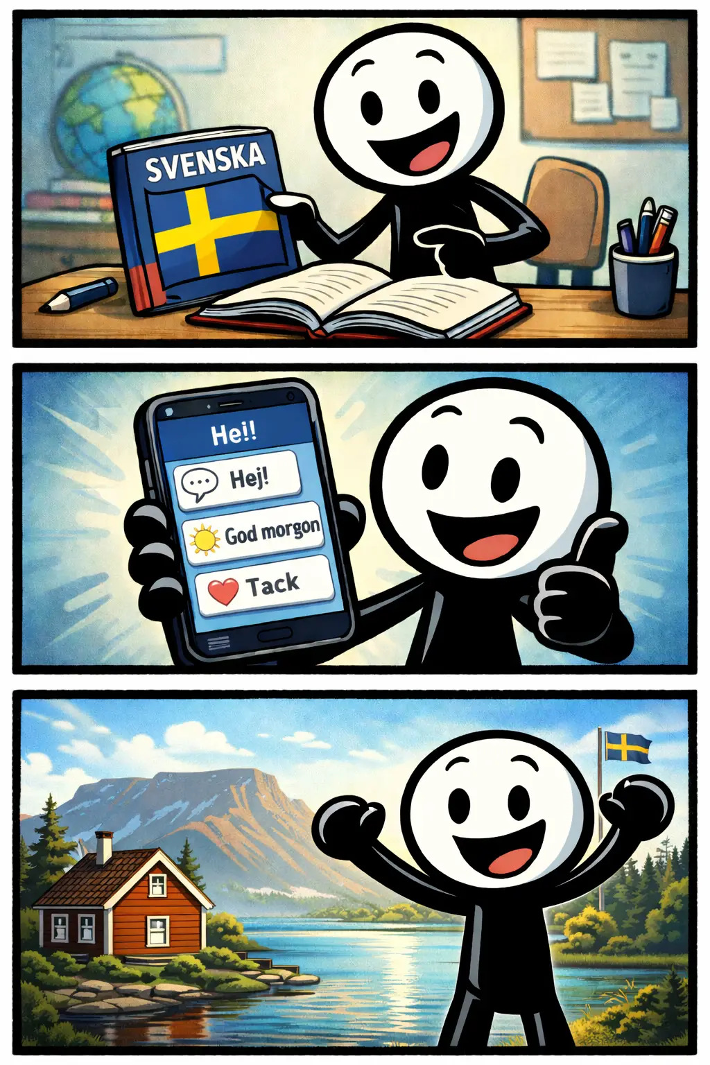 Strip van een stickman die de taal Zweeds leert met een studieboek, een leer-app en een herkenbaar Zweeds landschap.
Serie med en streckgubbe som lär sig svenska med en lärobok, en språkinlärningsapp och ett typiskt svenskt landskap.
