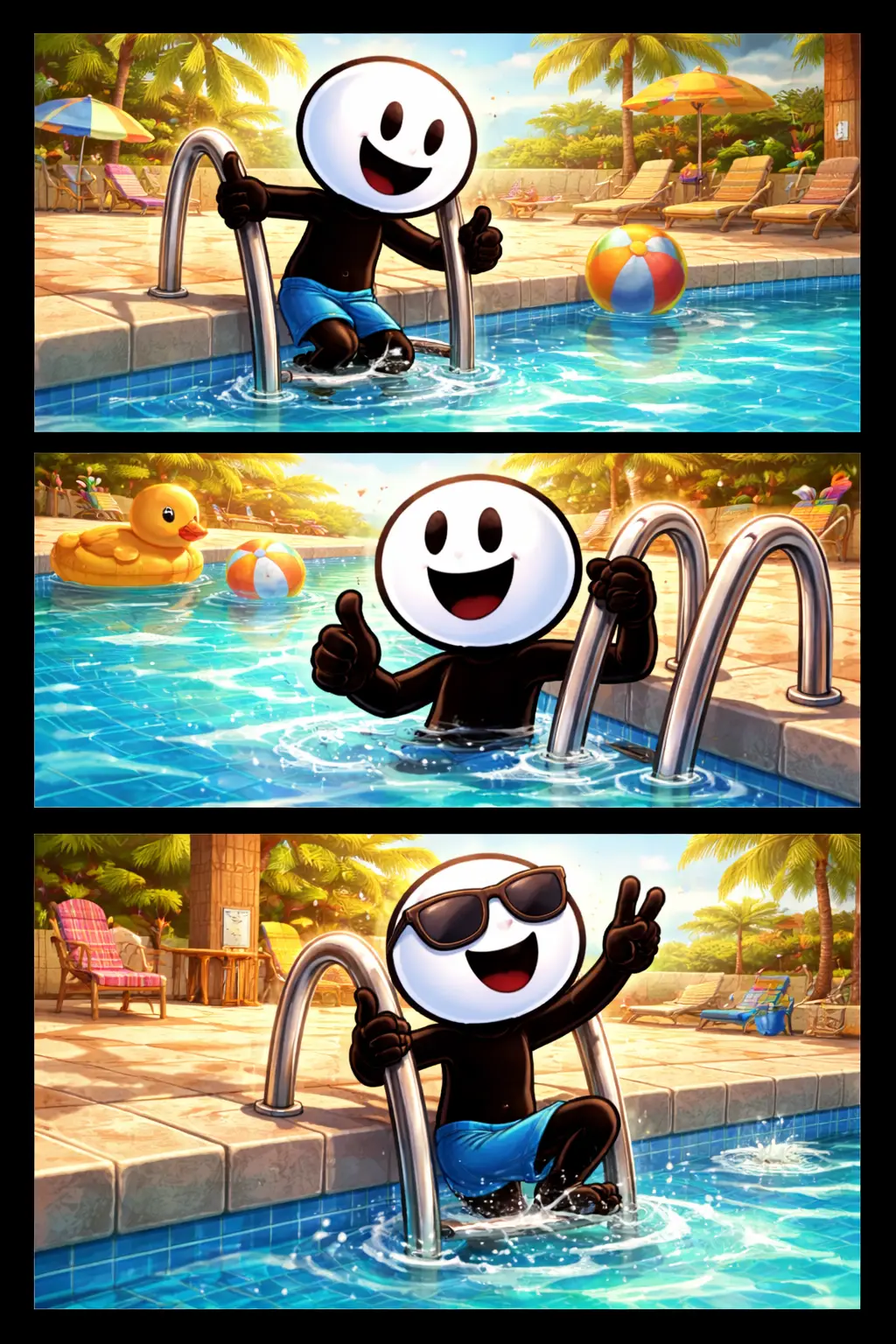 “Toonwords-strip van een zwembadtrap met een stickman die via een trap het zwembad in en uit gaat.”