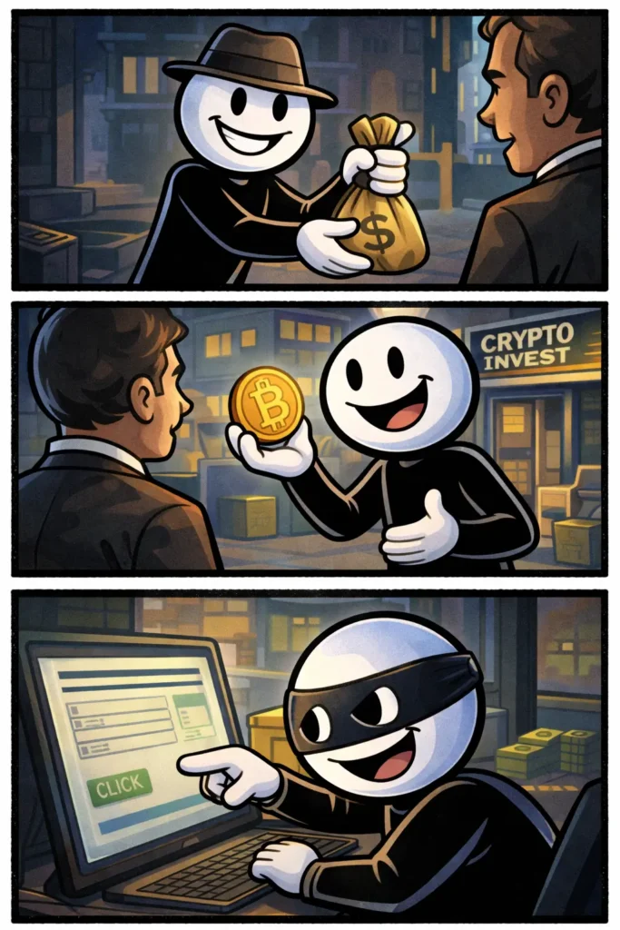 Stickman die in drie scènes betrokken raakt bij zwendelachtige situaties, passend bij het woord zwendel.