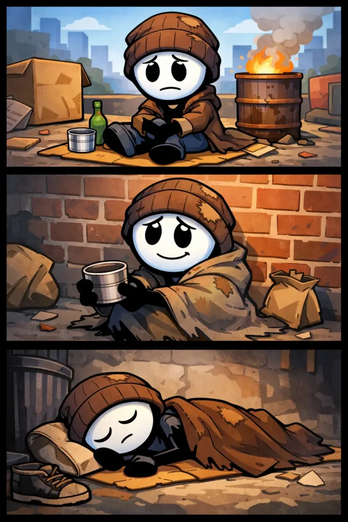 Stickman zwerver in Toonwords-stijl die buiten zit met versleten kleding en eenvoudige spullen naast zich.