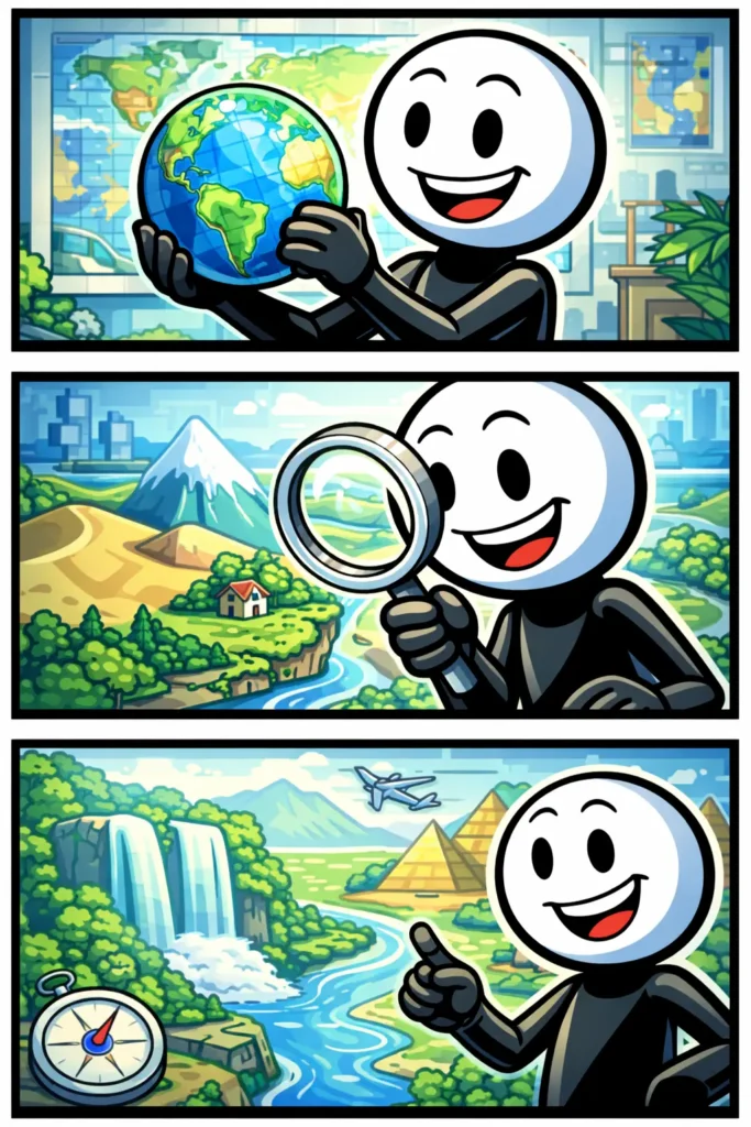 Een stripafbeelding met drie panelen waarin een vrolijke stickman geografische elementen onderzoekt, zoals landvormen, de wereldkaart en natuurverschijnselen, weergegeven in kleurrijke Toonwords-stijl.