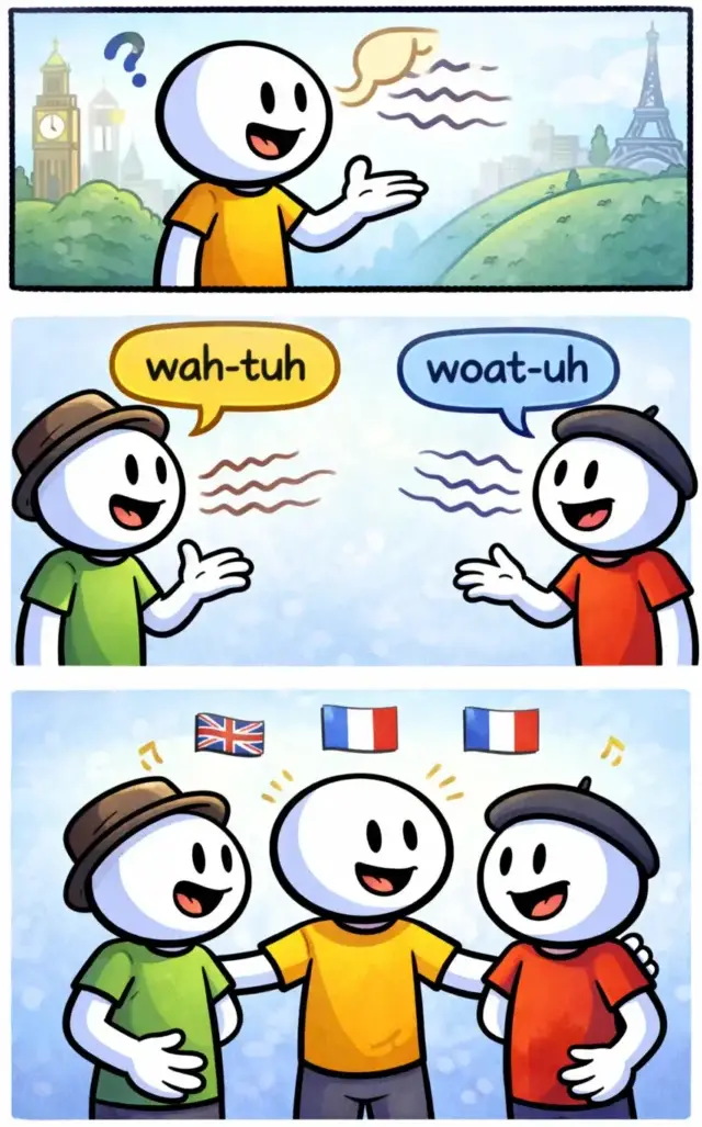 Stripafbeelding met drie panelen van een stickman in Toonwords-stijl die verschillende accenten laat zien tijdens een gesprek.