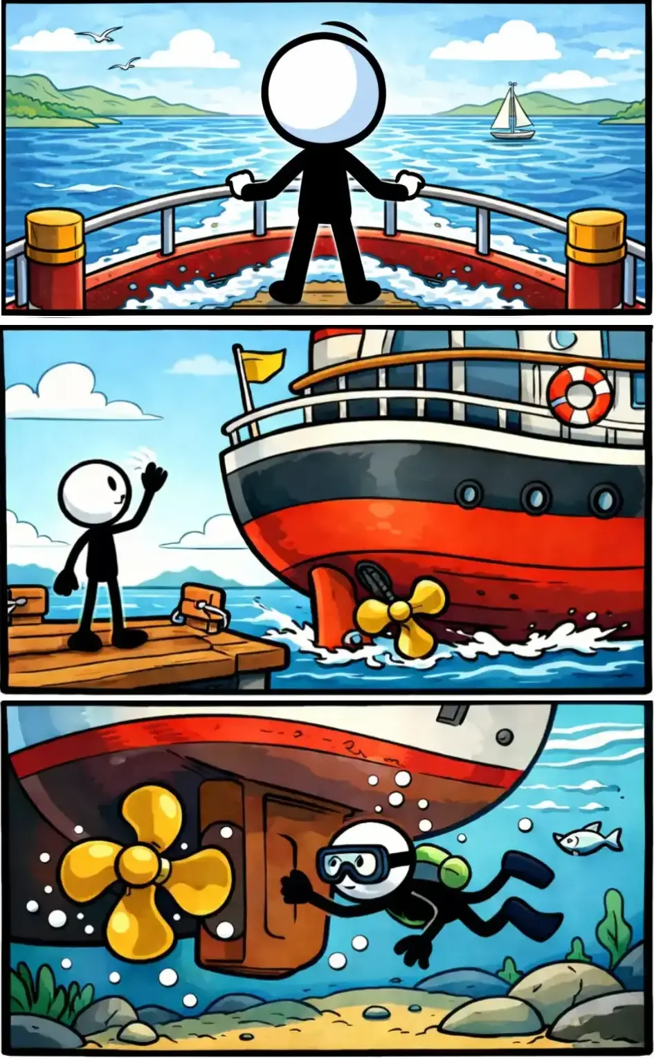 Stickman bij de achtersteven van een schip, water en schroef zichtbaar in een driedelige stripillustratie.