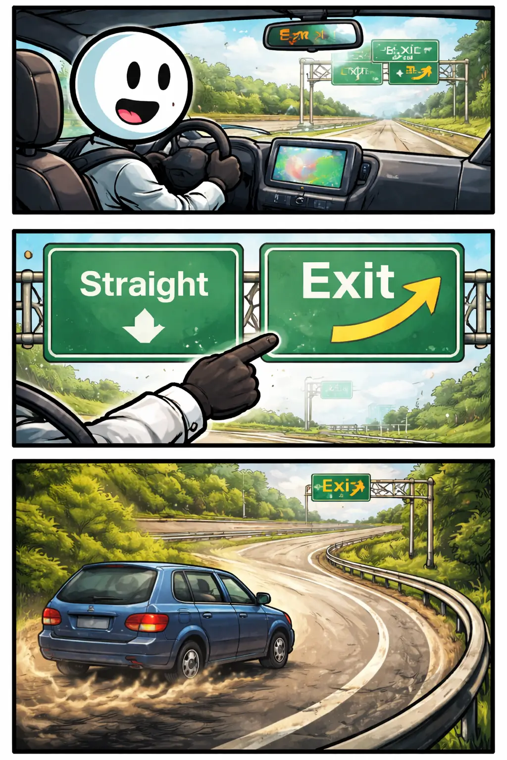 Toonwords-strip van een afslag op de weg, waarbij duidelijk te zien is waar de hoofdweg eindigt en een nieuwe richting begint.