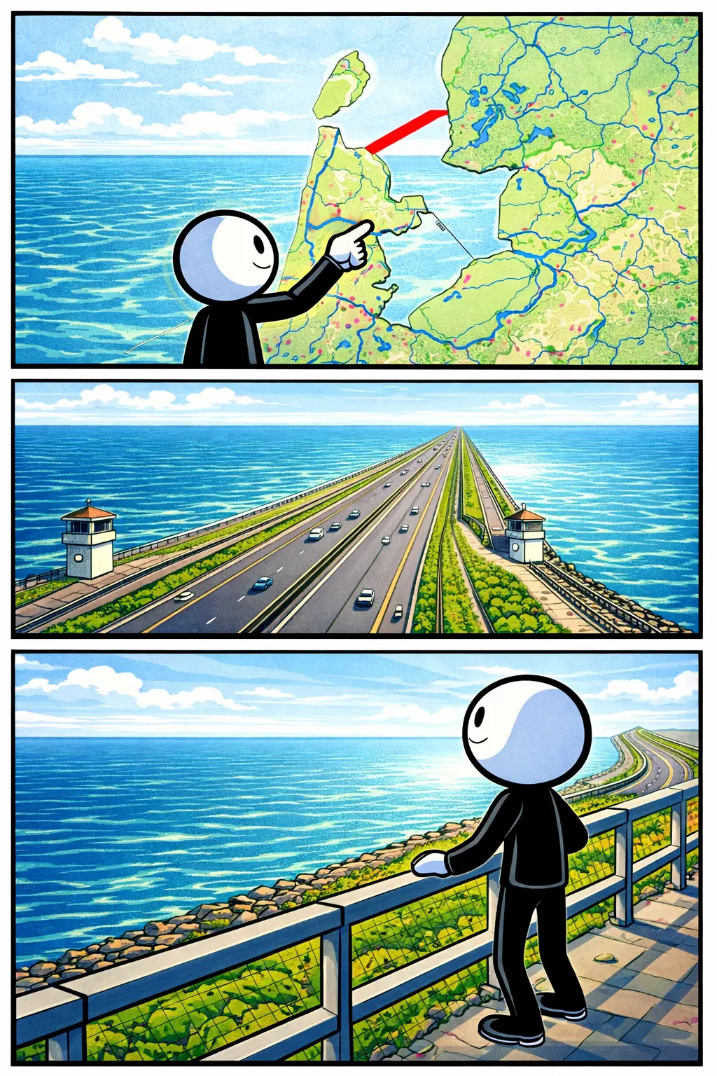 Stripafbeelding van een stickman op de Afsluitdijk met water aan beide kanten, passend bij het Nederlandse woord Afsluitdijk.