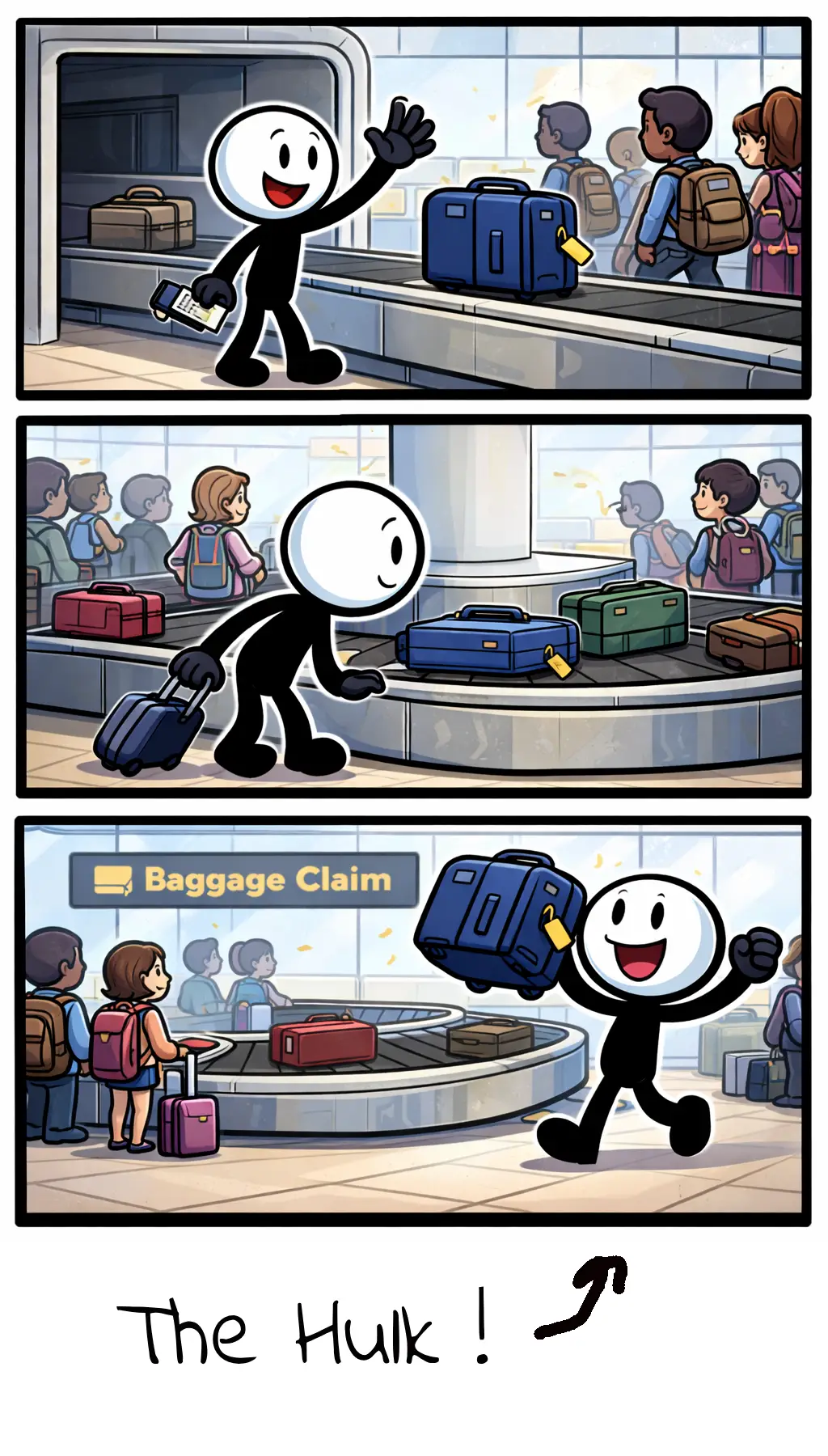 Stripafbeelding met drie panelen van een stickman bij bagage op de luchthaven, waarbij de bagage op de band verschijnt en wordt opgepakt.
