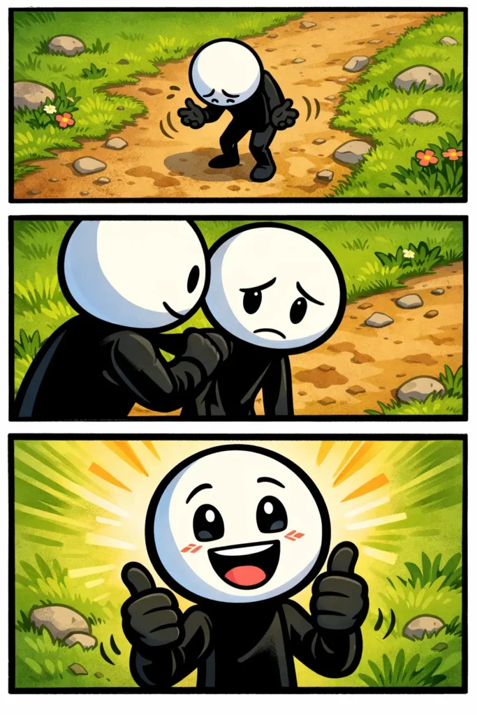 stickman die in drie panelen zichtbaar wordt bemoedigd, passend bij het woord Bemoedigen