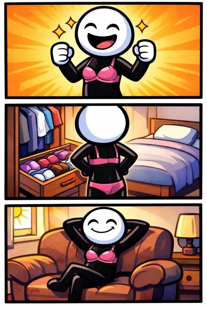 Toonwords-strip met een stickman die zich prettig voelt terwijl hij een BH draagt in verschillende dagelijkse situaties.