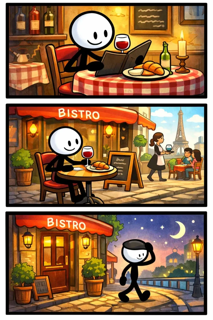 Driepanelige strip in Toonwords-stijl van een stickman in een Franse bistro, zittend aan een tafeltje en genietend van het moment, bij het woord Bistro.