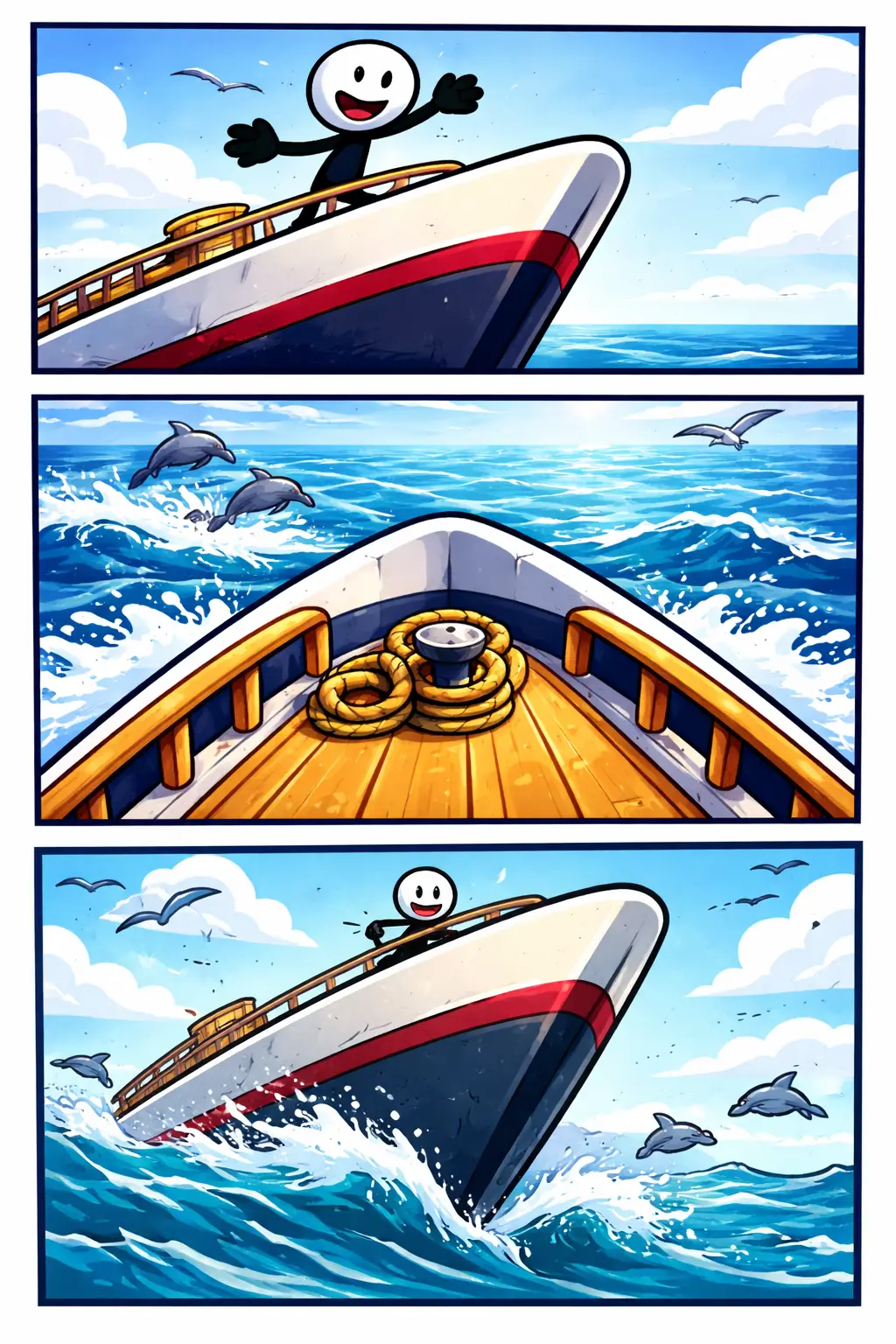 Driepanelige stripafbeelding met een stickman op de boeg van een schip dat door golven vaart, toonword Boeg.
