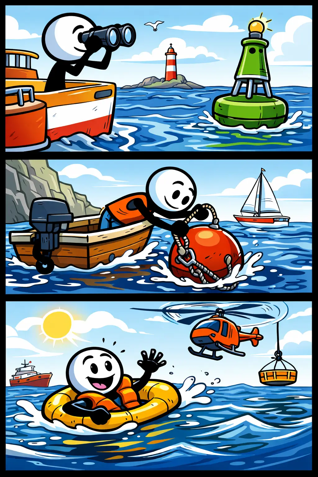 Driepanelige strip met een stickman op zee die zich oriënteert met een boei.