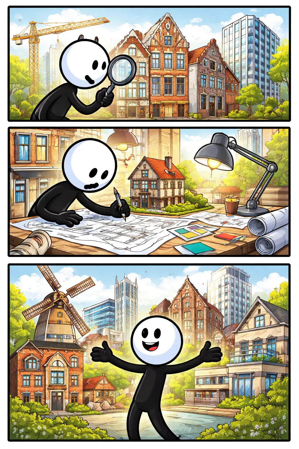Toonwords-strip met stickman die verschillende gebouwen vergelijkt om de bouwstijl te laten zien.