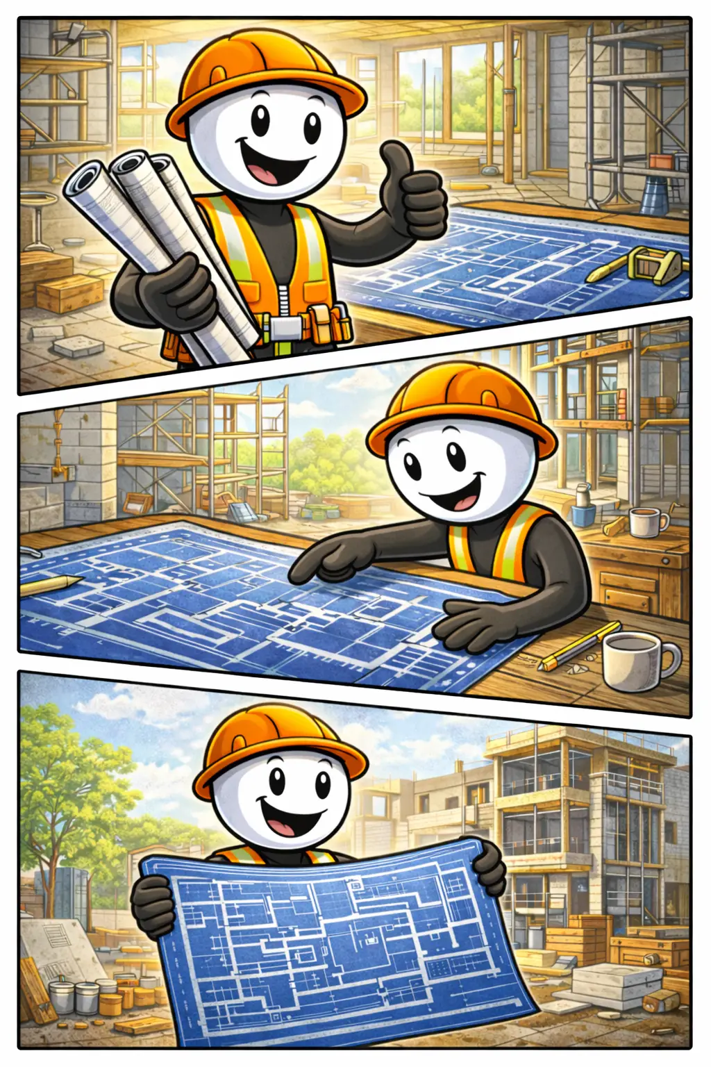 Toonwords-stijl drieluik van een stickman-bouwvakker met helm en veiligheidsvest die een bouwtekening vasthoudt, erop wijst en deze trots presenteert op een bouwplaats.