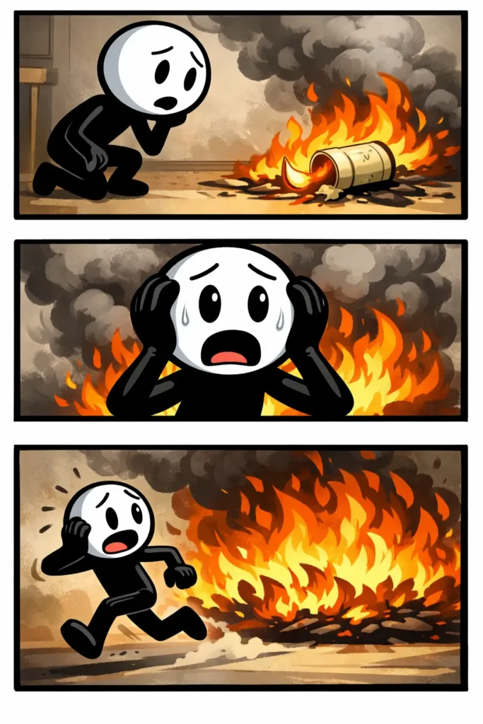 Stickman die brandgevaar aantoont bij een rookpluim of vlam, behorend bij het woord brandgevaar.