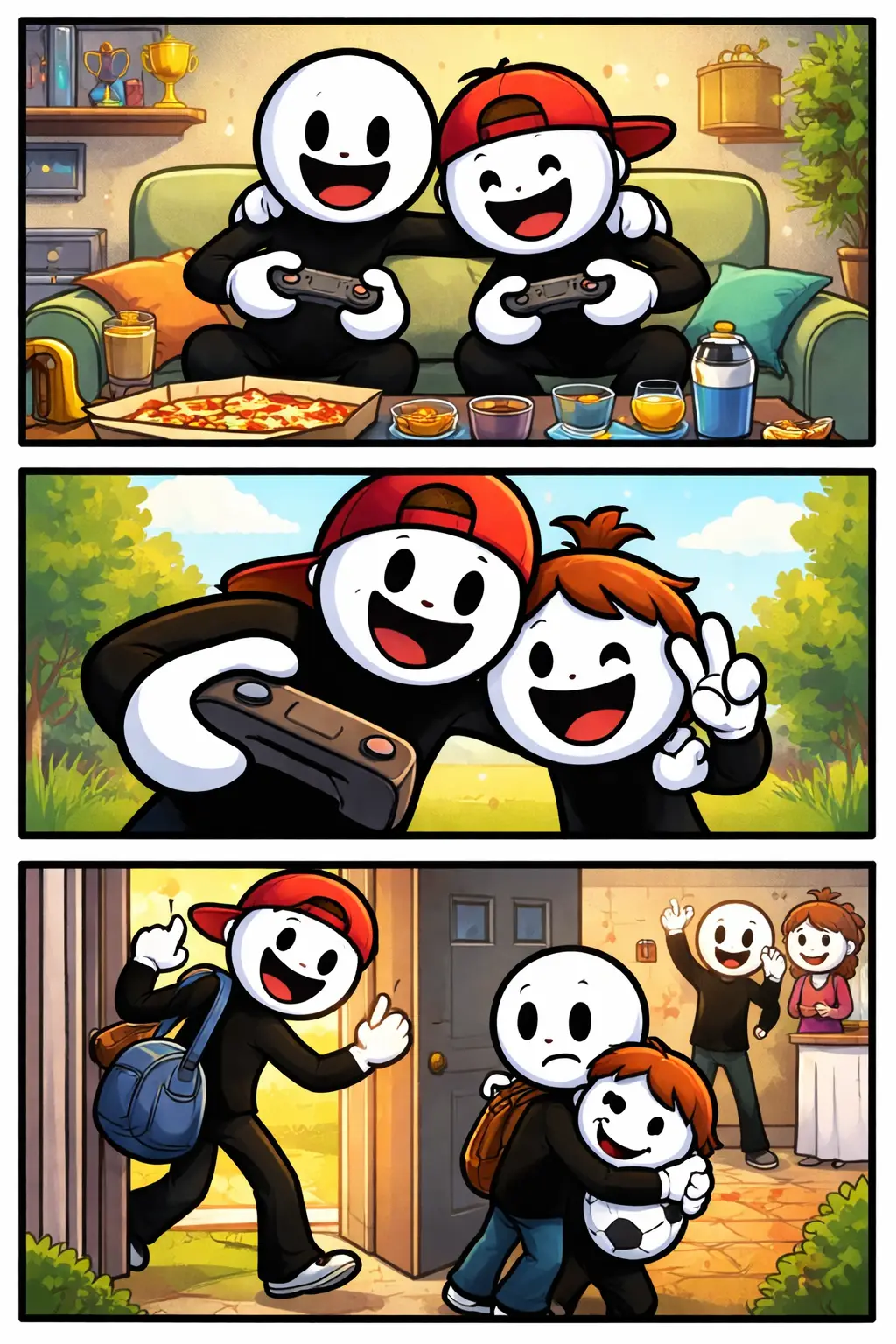 Toonwords-strip met stickmanfiguren die het woord Broer verbeelden binnen een familiesituatie.