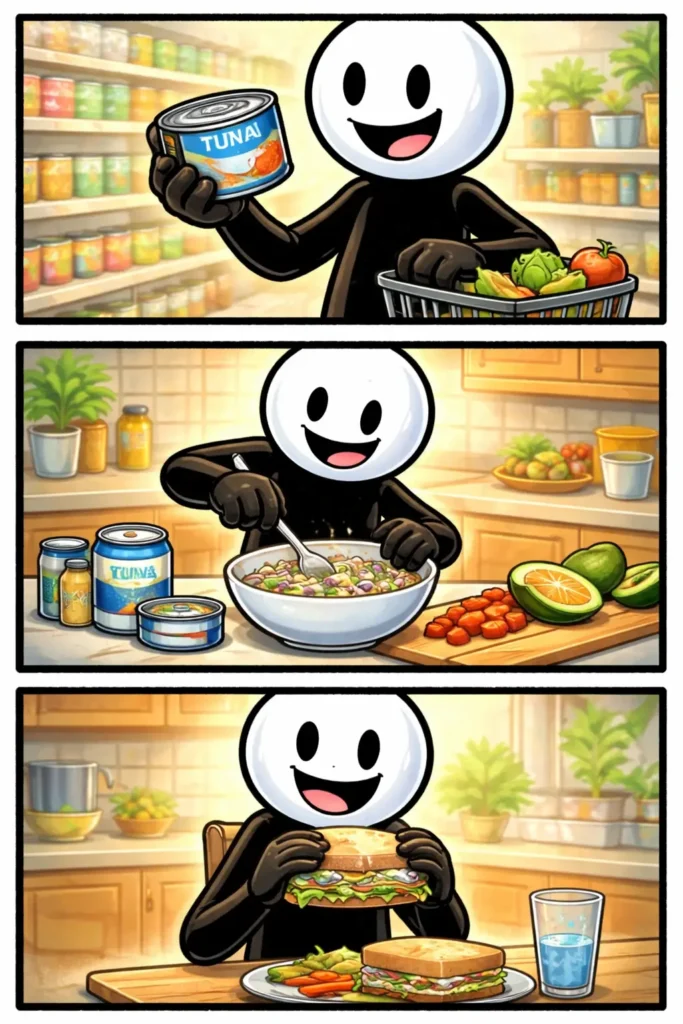 Broodje tonijn op een bord met verse vulling en kleurrijke ingrediënten ernaast.