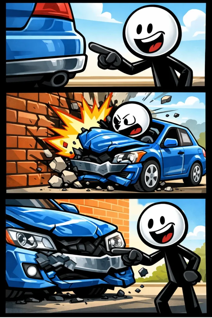 Toonwords-strip van een stickman die een bumper aanwijst, een botsing meemaakt en daarna de kapotte bumper toont.