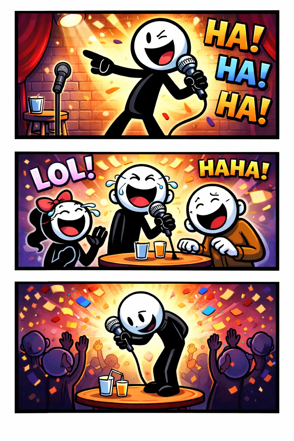 Stripafbeelding van een stickman in Toonwords-stijl die comedy uitbeeldt in drie panelen met grappige situaties.