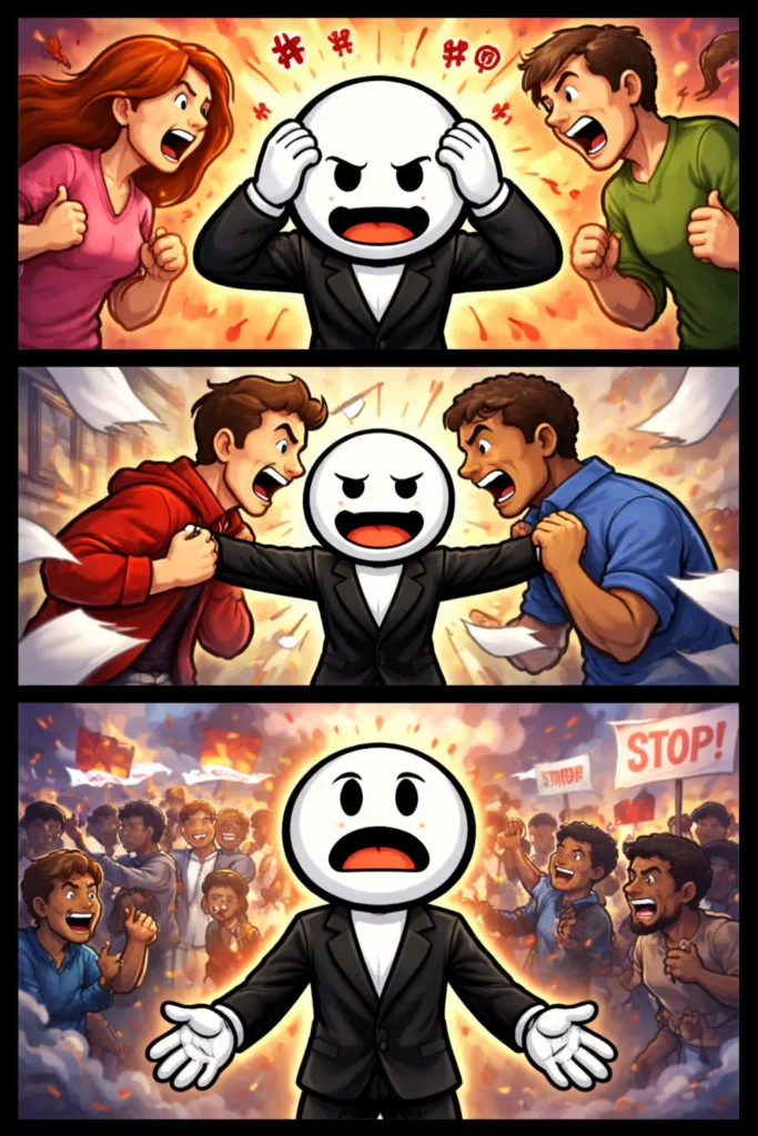 Stickman in Toonwords-stijl die in drie scènes duidelijk maakt wat een conflict inhoudt.