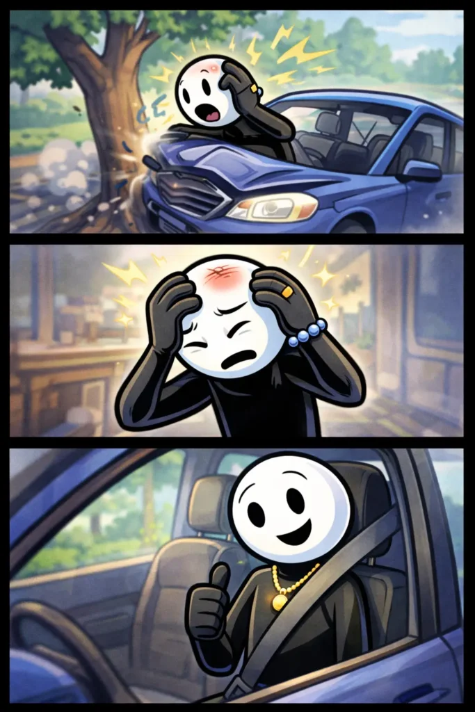 Toonwords-strip met een stickman die eerst zonder gordel crasht, daarna gewond raakt en tenslotte met gordel veilig rijdt — daarom.