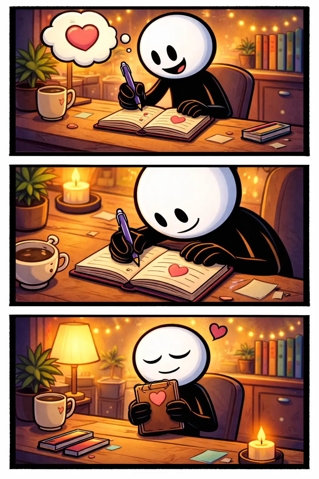 Stickman die in een rustige kamer in een dagboek schrijft in Toonwords-stijl, met een open boek op schoot.