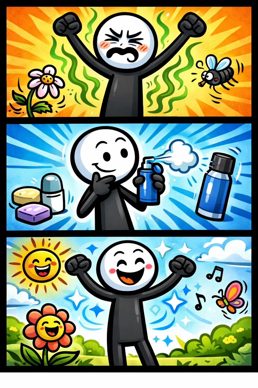 Stickman in Toonwords-stijl die deodorant gebruikt onder zijn arm en zich daarna fris voelt, met het woord deodorant centraal.