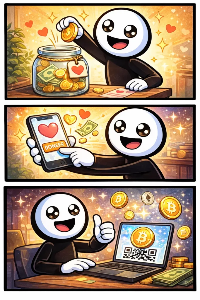 Toonwords-strip met een stickman die een donatie doet, waaronder ook via crypto, op een positieve en toegankelijke manier.