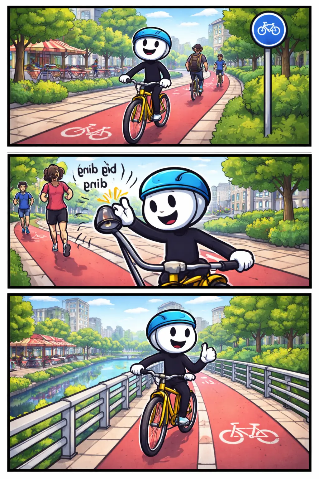 Illustratie van een fietspad met een fietsende stickman, het woord Fietspad staat centraal in een stedelijke omgeving.