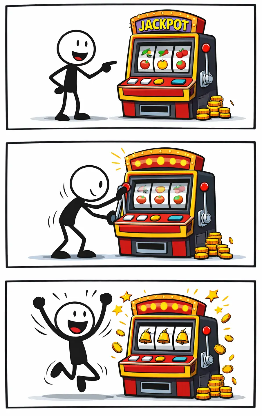 Toonwords-strip met een stickman die een fruitautomaat bedient met draaiende rollen en fruitsymbolen.