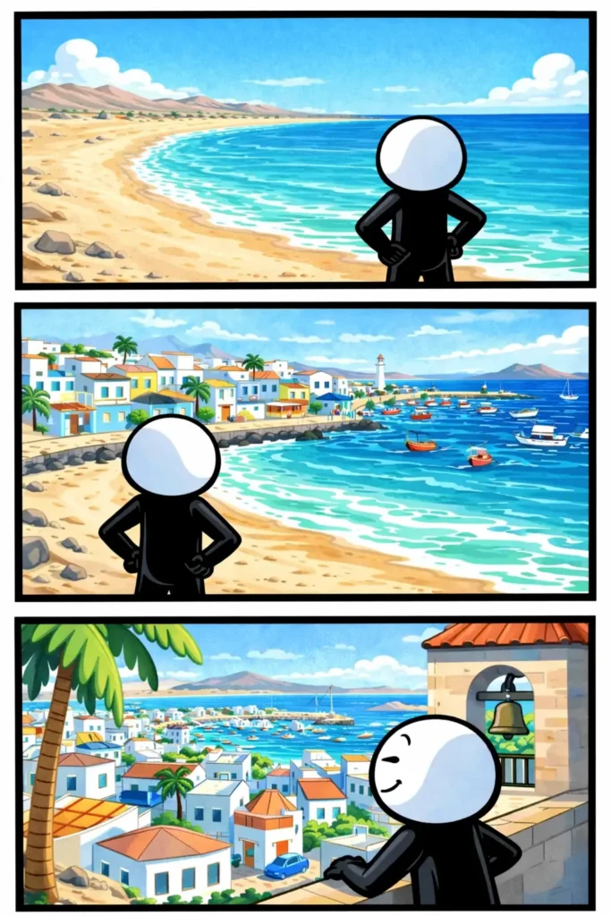 Stickman op Fuerteventura met strand en bergen in beeld – Toonwords-stijl – “Fuerteventura”.