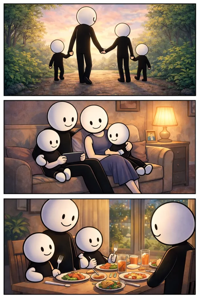 Stripafbeelding van een stickfiguur-gezin met witte koppen en zwarte lichamen dat samen wandelt, ontspant en eet, passend bij het woord “Gezin”.
