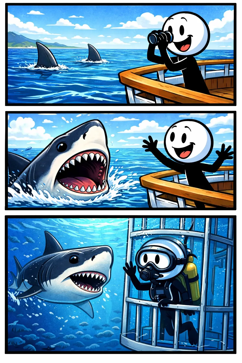 Stickman die een haai ziet in een stripafbeelding over het Nederlandse woord haai