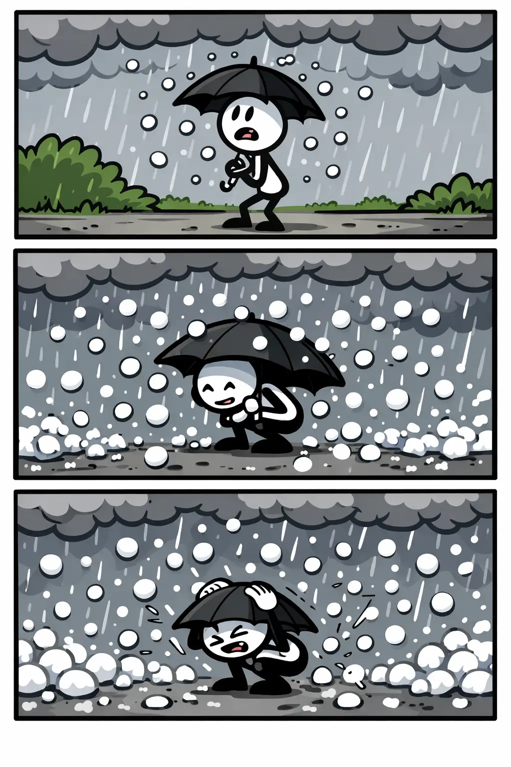 Stripafbeelding van een stickman die tijdens een hagelbui wordt geraakt door vallende hagelstenen.