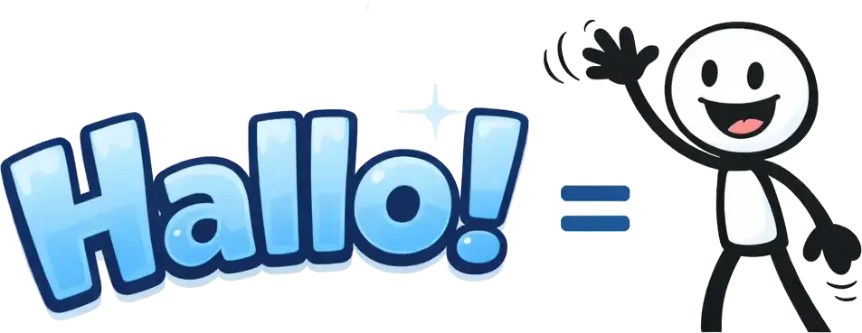 Illustratie met het woord Hallo in grote letters, een zoekveld met het voorbeeldwoord hallo en een zwaaiende stickman die bezoekers welkom heet op Toonwords.