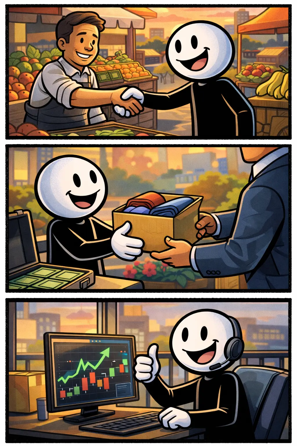 Stickman die in drie scènes verschillende vormen van handel uitvoert, passend bij het woord handel.