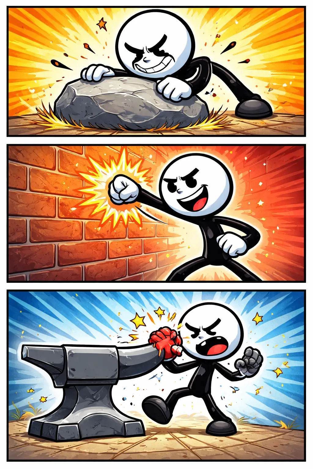 tickman ontdekt dat iets hard is in een kleurrijke strip met drie panelen.