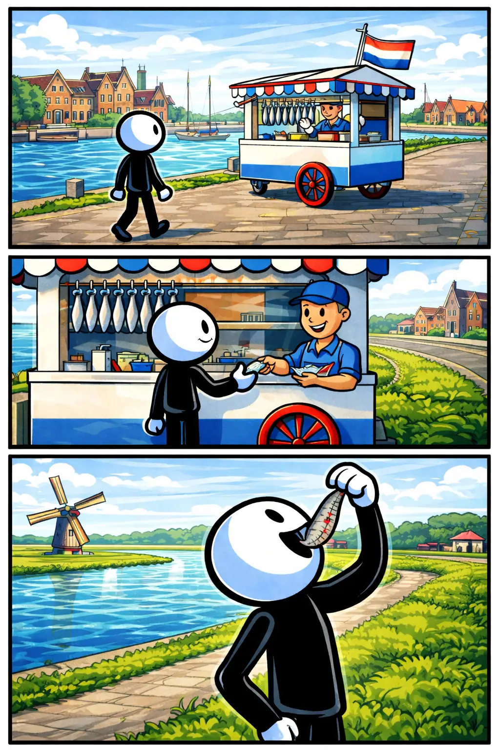 Stripafbeelding van een stickman bij een haringkar die haring koopt en opeet, passend bij het Nederlandse woord haringkar.
