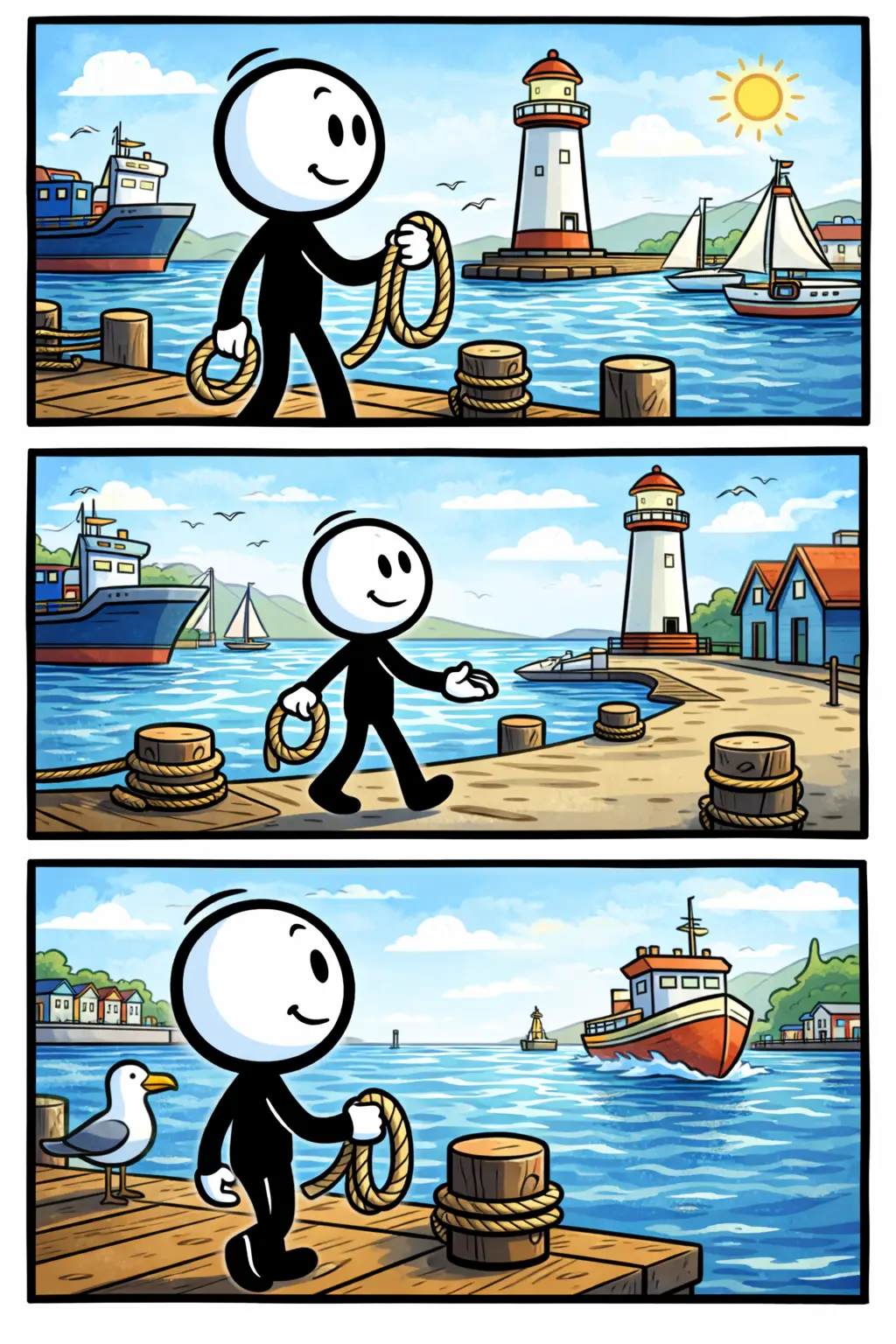 Kleurrijke stripafbeelding met een stickman in een haven, omringd door schepen en kades, waarbij het Nederlandse woord haven centraal staat.