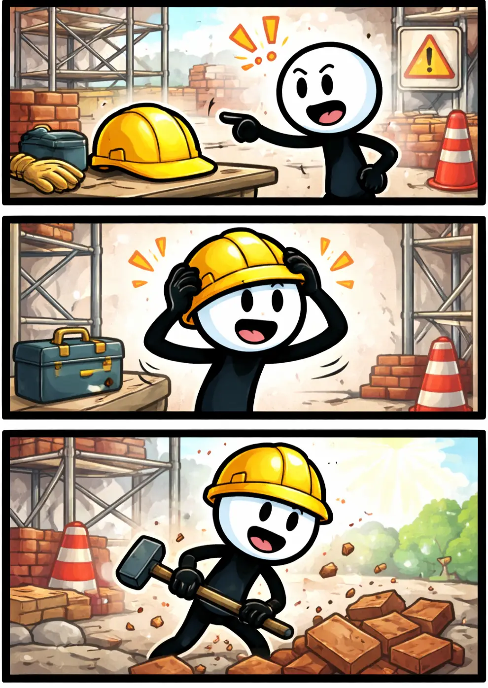 Stripafbeelding in Toonwords-stijl van een stickman die een Helm draagt in drie opeenvolgende panelen.